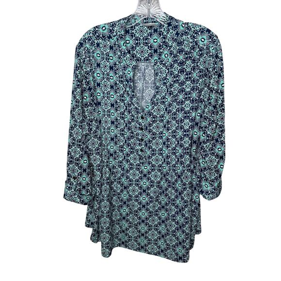 Avenue Blue Geometric Print V-Neck Tunic Top Plus Size 18/20 3/4 Sleeve - Picture 1 of 6
